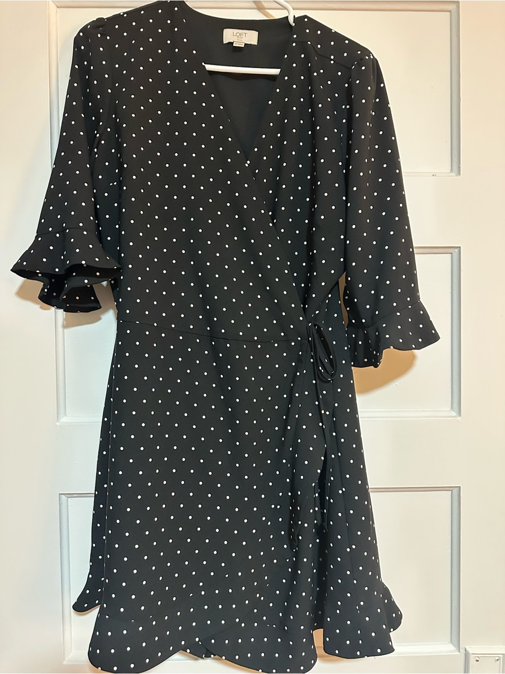 LOFT Black with White Polka Dot Wrap Midi Dress